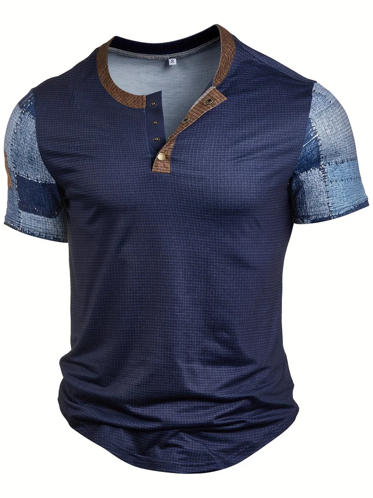 Fashion Men\'s Retro Denim Check Printing T-shirt V-neck Button Short Sleeve Oversized Casual Comfortable Summer T-shirt Clothing