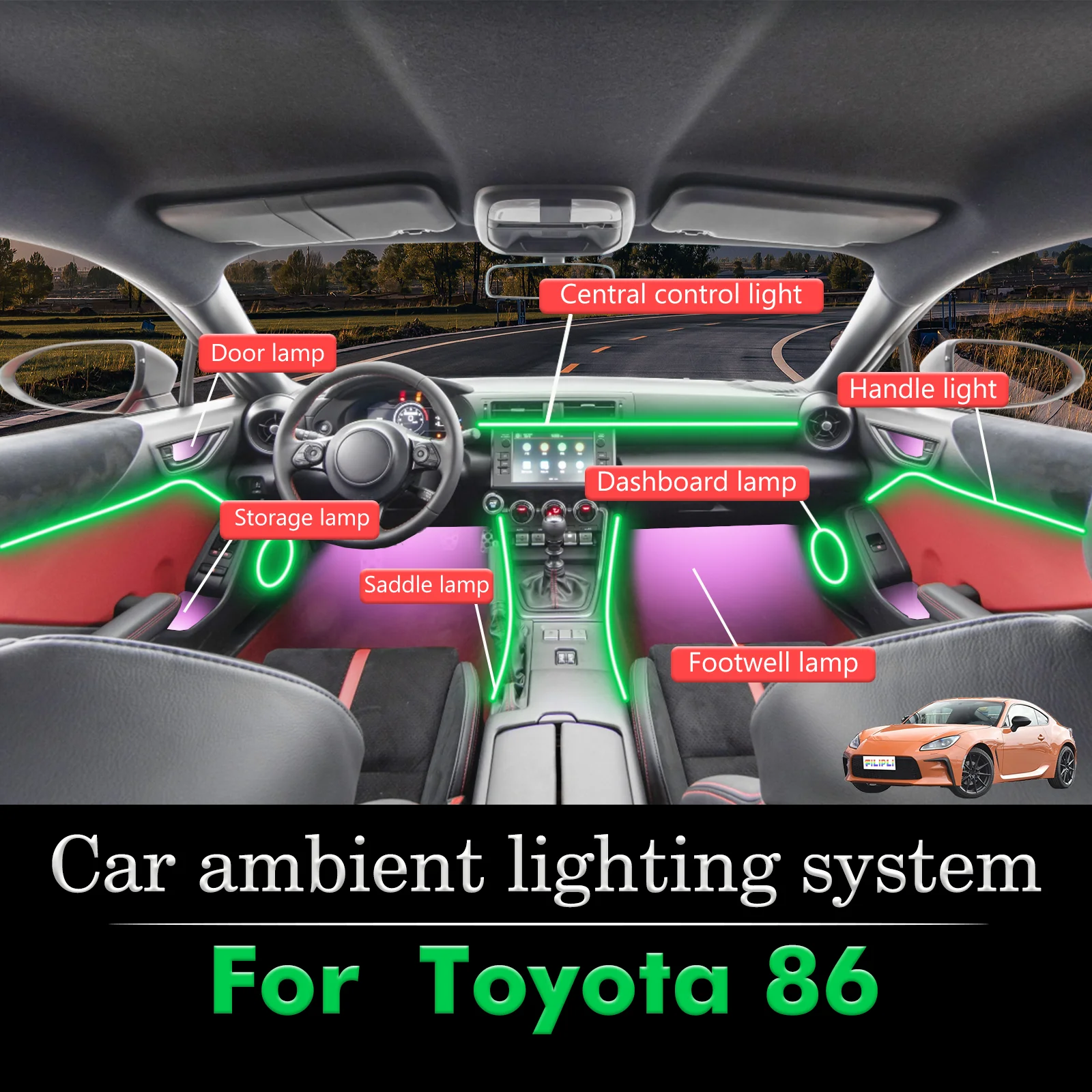 

For Toyota 86 RGB 64 Colors LED Smart Remote Control Car Interior Ambient Light Energy Saving Efficient Lamp Kit