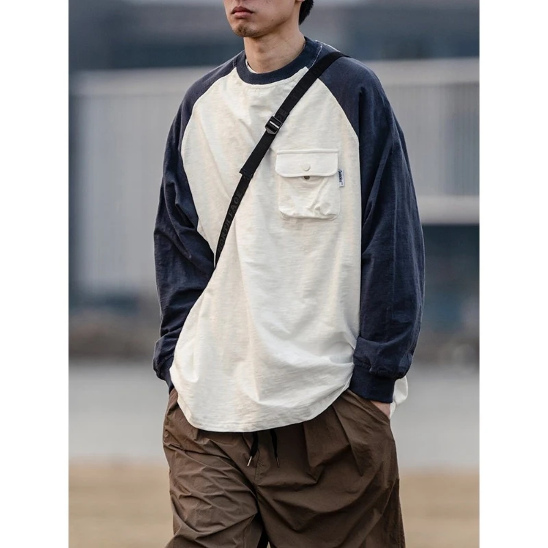 

Japanese Retro Contrasting Washed Pocket Long Sleeved Men's Spring and Autumn Loose Couple Round Neck T-shirt