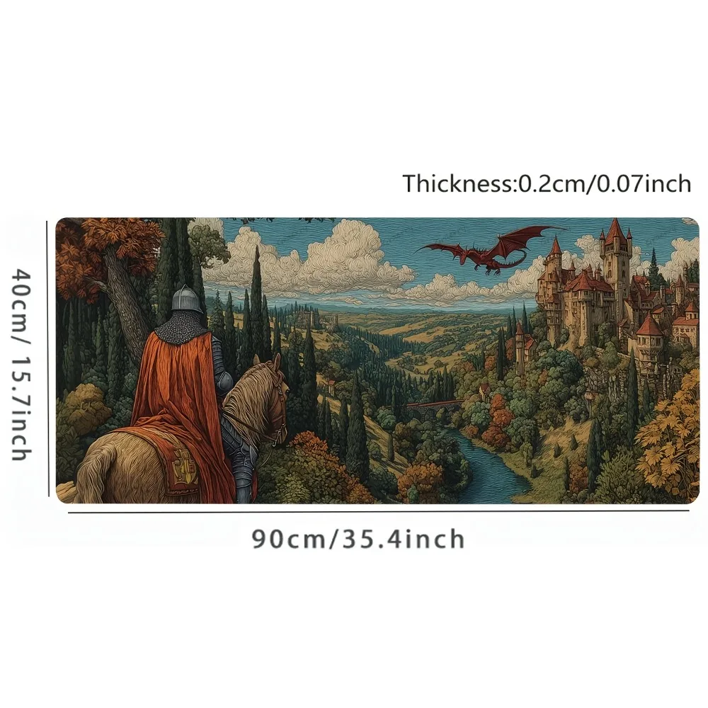 Medieval Tapestry Style Desk Pad, Extra Large Gaming Mouse Pad, Knight Dragon Valley