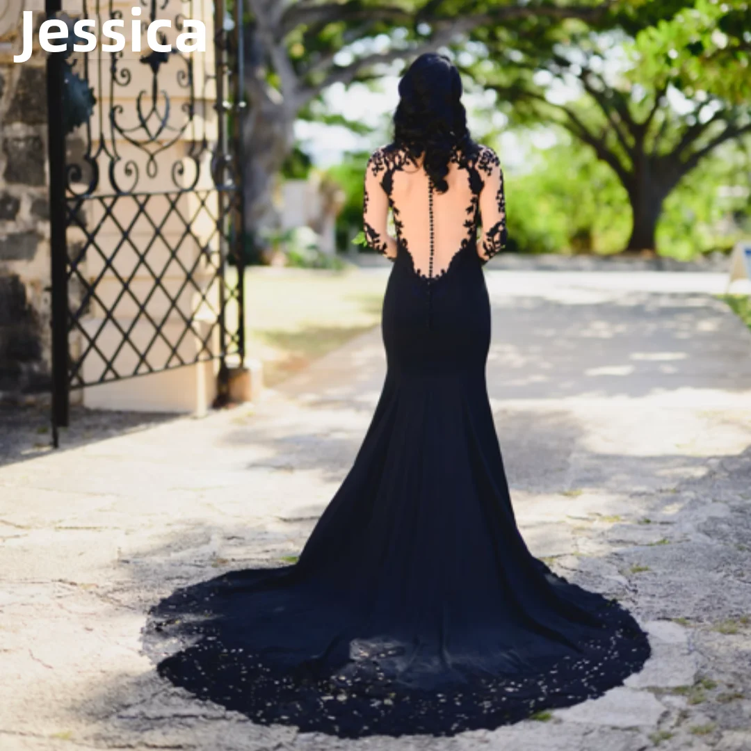 Jessica Black Gothic Wedding Dress Prom Dress Lace Embroidery Evening Dresses Sexy Backless Women's Robe Wedding Party Dresses