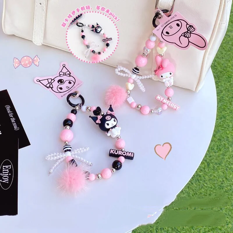 Sanrio Kuromi Phone Chain Anime My Melody Beaded Backpack Pendant Kawaii Keychain Cute Mobile Case Accessories Mobile pendant