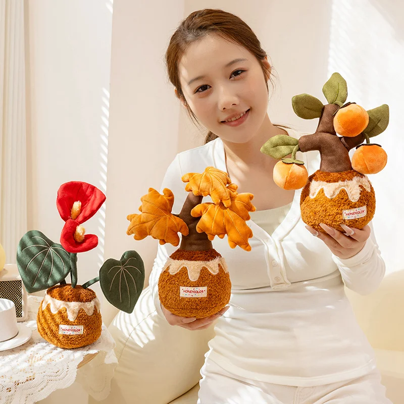 Brinquedo de planta em vaso de pelúcia dos desenhos animados adorável fruta flor folha de bordo plushies bonecas de pelúcia macias adorável decoração para casa presentes de aniversário