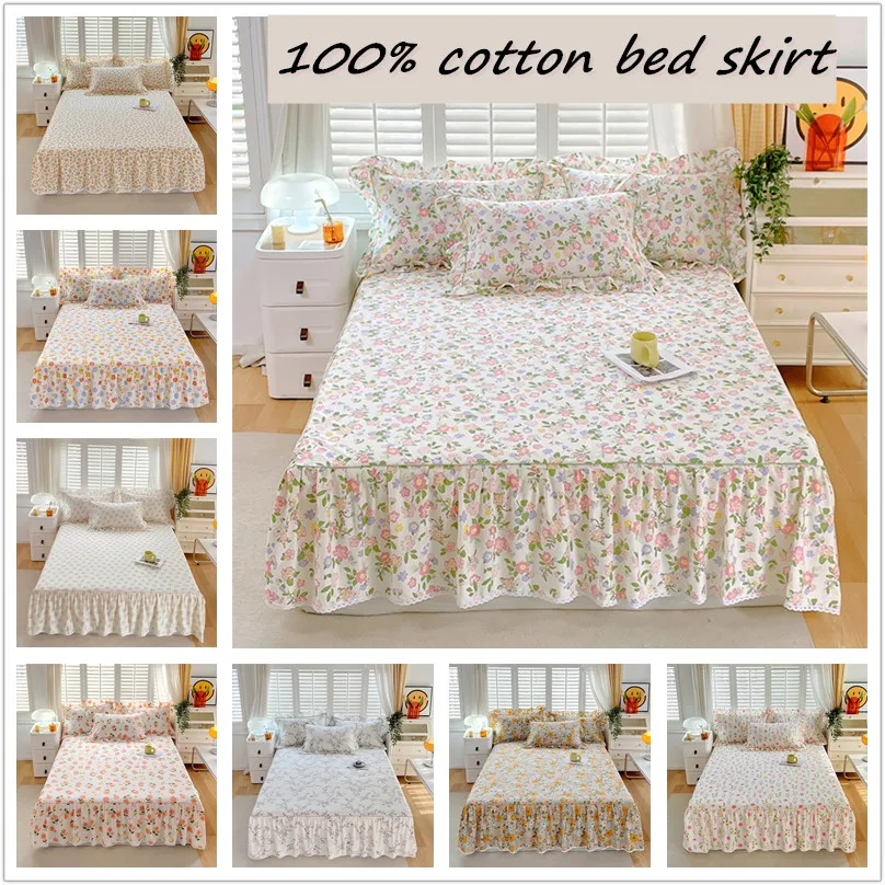 100% Cotton Bed Skirt colcha de cama queen Floral Style Bedspread Girls Room Lace Mattress Cover 120x200(Pillowcase Need Order)