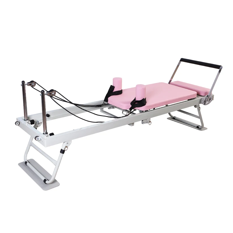 

Health Portable Foldable Pilates Reformer Gray Frame Pink Durable Yoga Gym Equipment Adjustable Multifunction Body Core