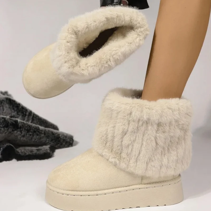 Zapatos para mujer, botas de invierno sin cordones para mujer, punta redonda negra, aterciopelada sólida, felpa, tacón medio cálido, botas de nieve informales a prueba de agua para mujer