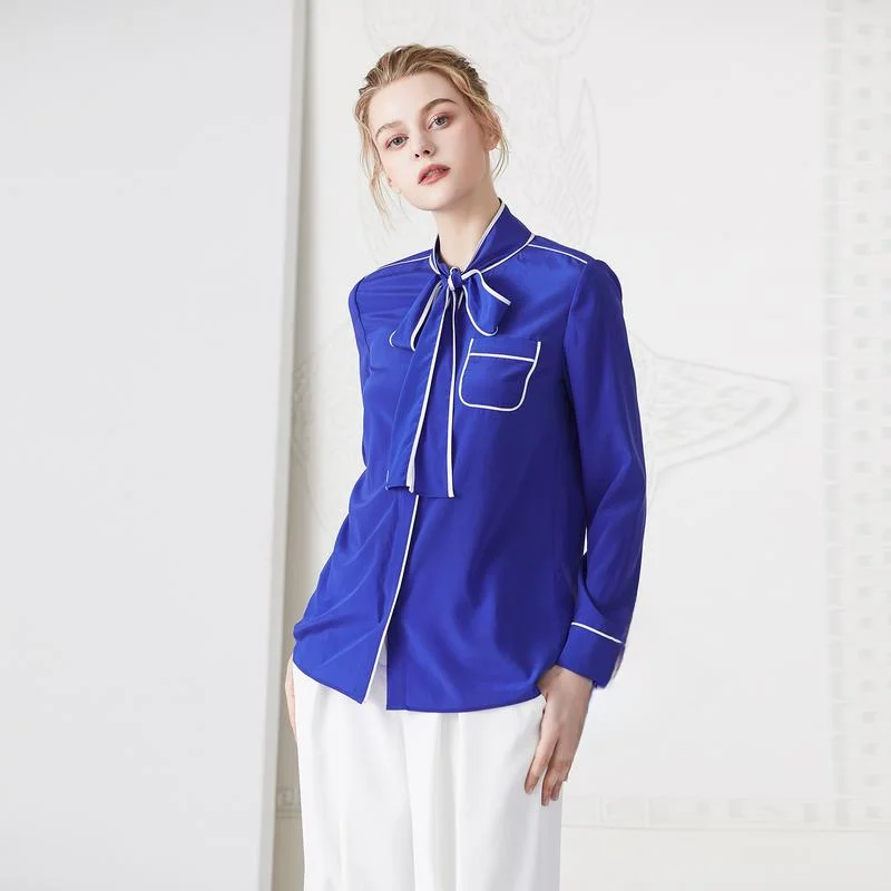 

Xiangsu 16 Momme Elastic Silk Double Gauze Shirt Color Block Draped Collar Women's Summer Fashion Premium Quality Blouse