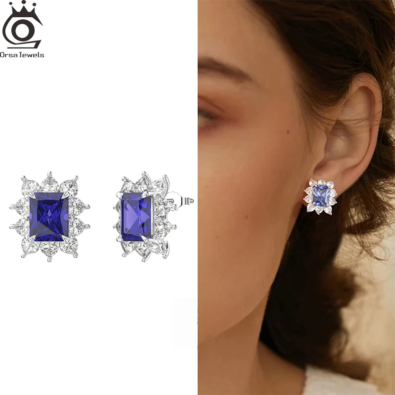 

ORSA JEWELS 925 Silver Created Sapphire Stud Earrings Clear Zirconia Flower Ear Stud Female Exquisite Earrings Jewelry LZE06