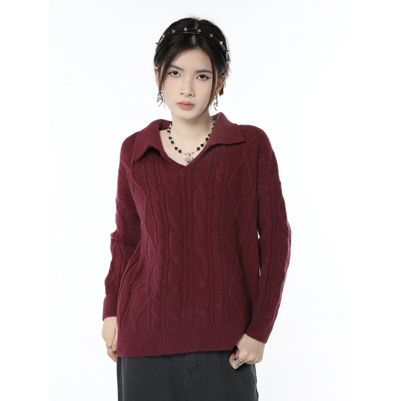 

Women's Clothes Red Sweater V-neck Fashion Vintage Leisure Lazy Wind Loose Winter Female Warm Long Sleeve Knitting Pullover