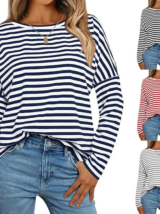 

Полосатый свитшот с длинными рукавами и круглым вырезом, женский, в уличном стиле, удобный, из смесового полиэстера, повседневный, модный, летний топ