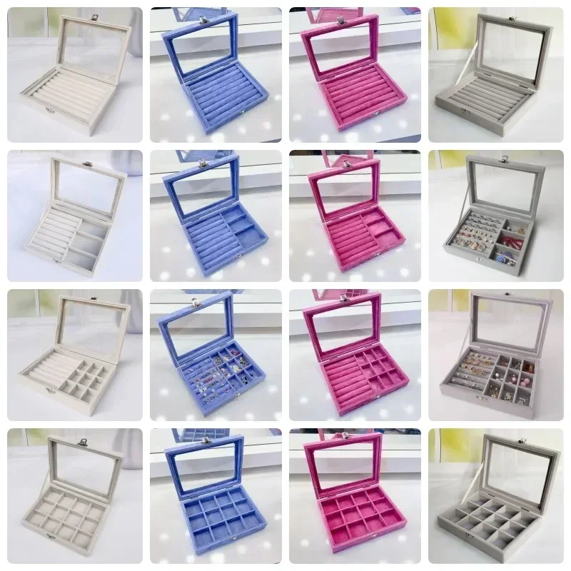 Caixa de exibição de jóias de veludo com tampa de vidro 20*15*5cm reunindo organizador de jóias para anel/brinco/pulseira/colar caso de armazenamento