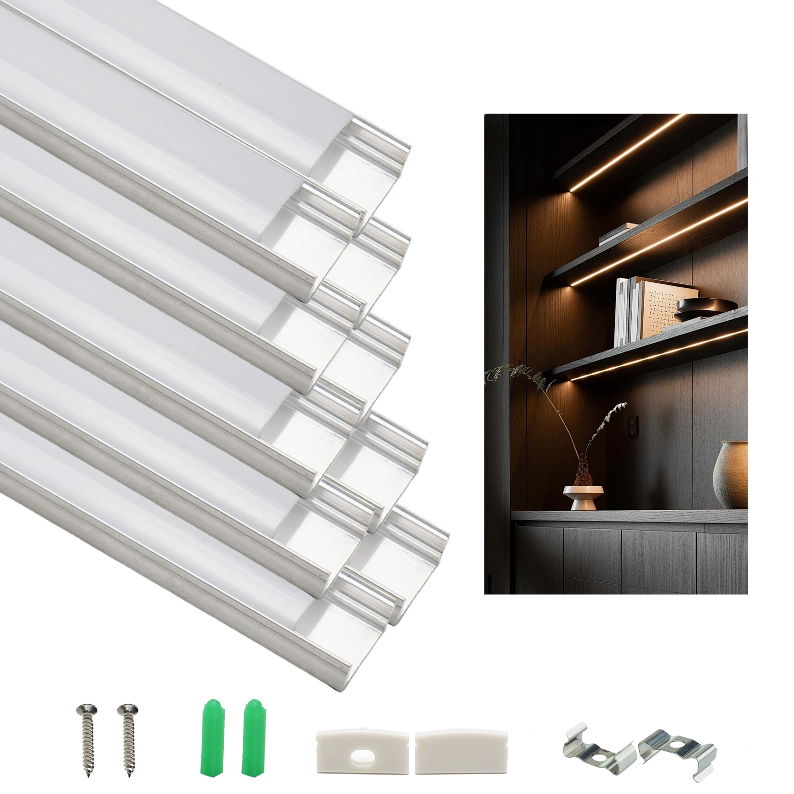 10 Pack LED Aluminum Channel System 6.6FT/2M U Shape LED Strip Channel with Milky White Diffuser Cover, Silver Aluminum Profile