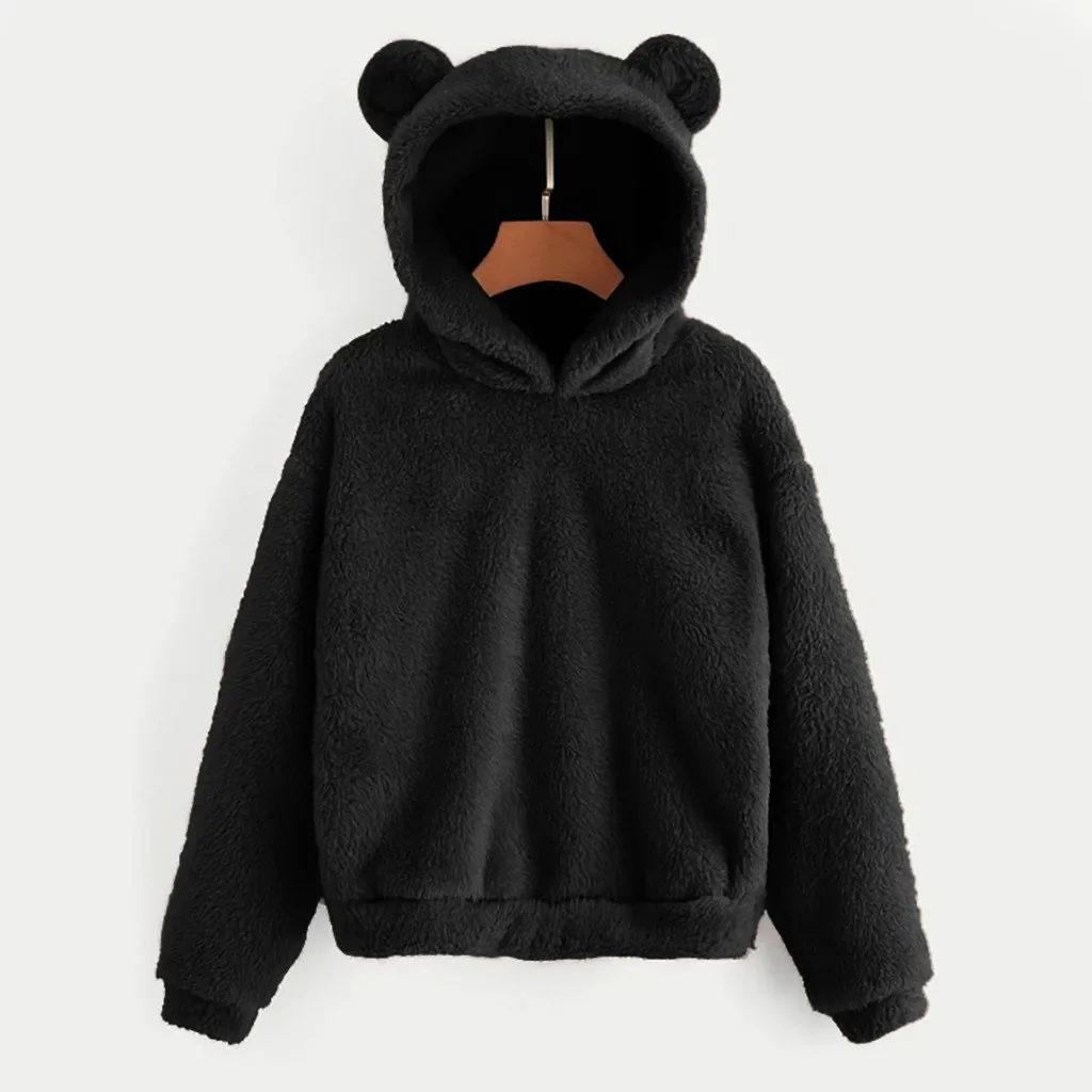 Schattige Beer Oor Sweatshirt Pluizige Teddy Hoodies Vrouwen Kawaii Cap Tops 2023 Nieuwe Herfst Winter Warme Trui Fleece Lange Mouw Jas