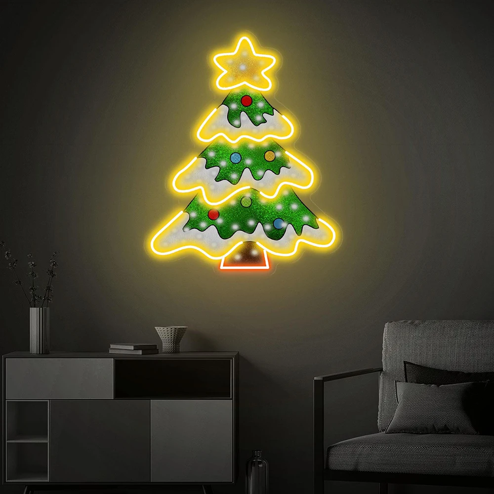 Árvore de natal estrela sinal de néon uv impresso arte acrílica feliz natal feriado festa decoração da parede luz néon personalizado sinal de néon