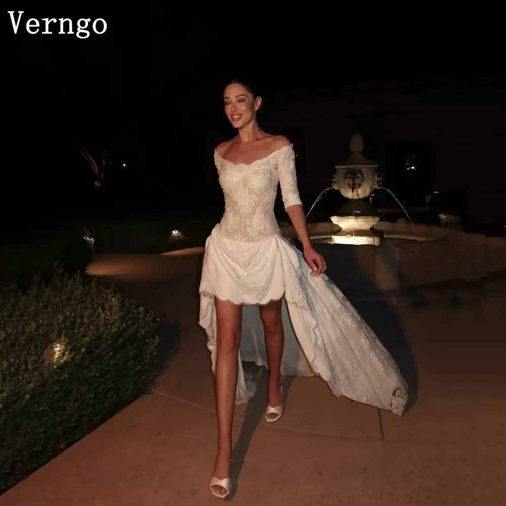 

Verngo lvory Lace Short Wedding Dress Boat Neck Half Sleeves Elegant Bridal Gowns Women Modern Bride Dresses Customized
