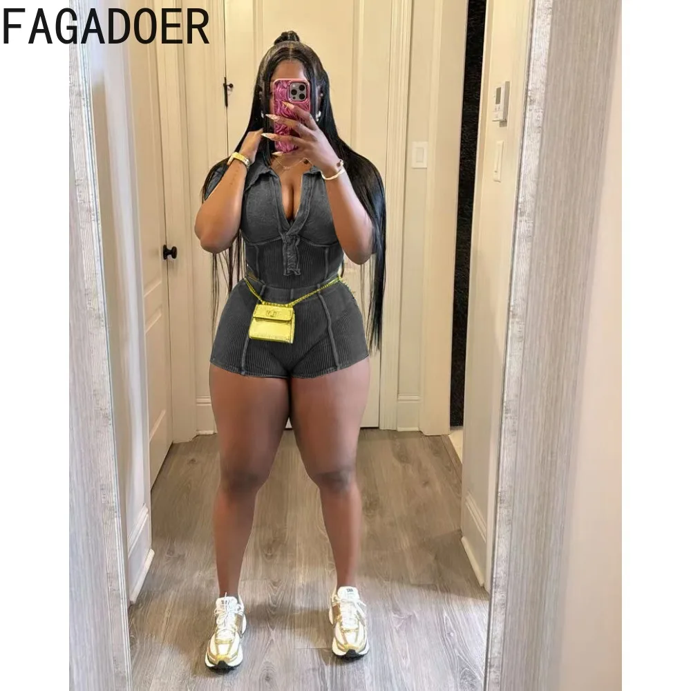 FAGADOER Fashion High Quality Ribber Two Piece Sets Women Deep V Short Sleeve Crop Top And Shorts Outfits Female 2pcs Clothing