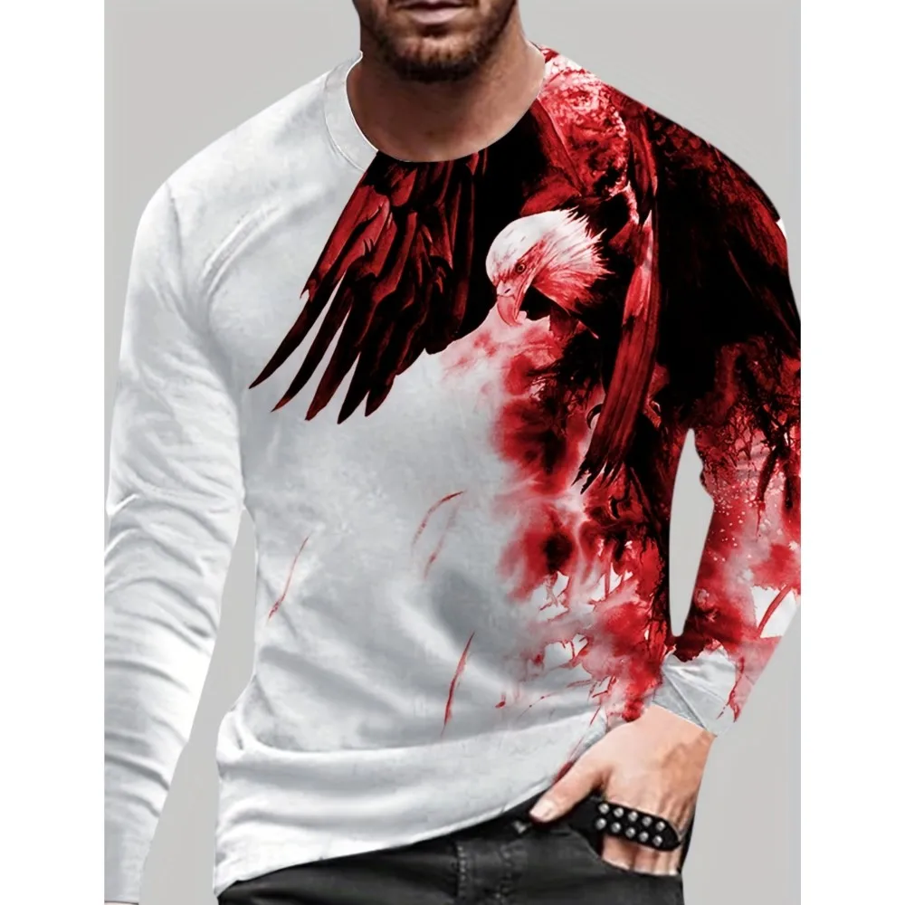 Fall Large Size Long Sleeve Men's Clothing T Shirt Cubic Animal Print O Neck Long Sleeve Top Casual Street Eagle Vintage Shirt