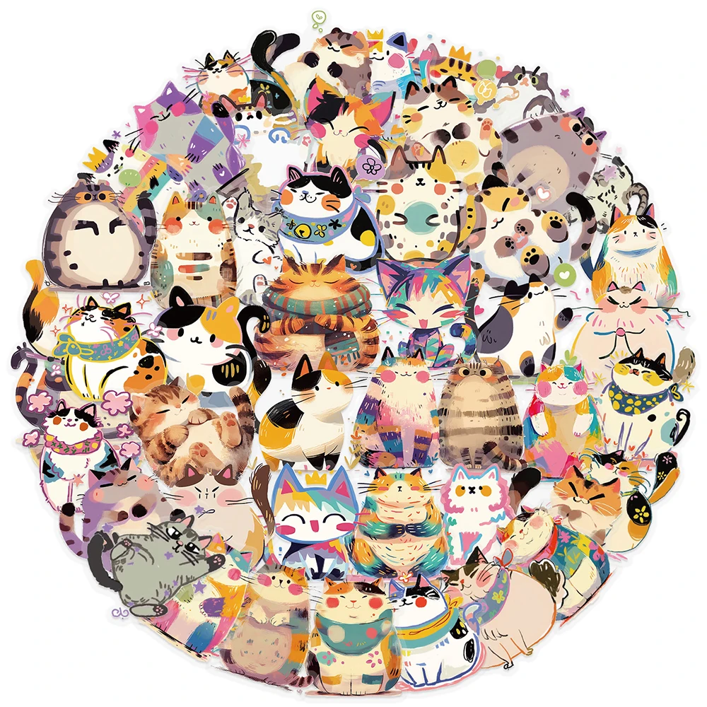 

10/30/50pcs Funny Cartoon Colorful Painting Cat Stickers Cute Animals Decals for Kids Toy Notebook Stationery Phone Sticker Pack