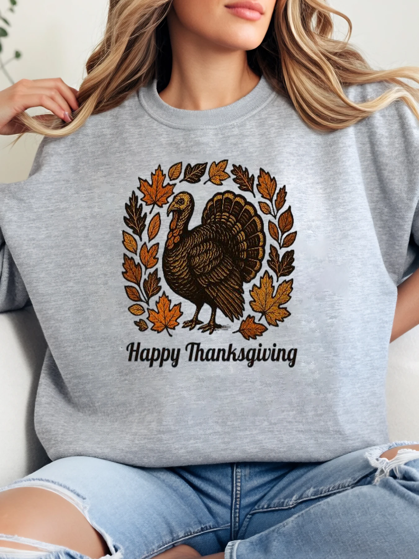 

Толстовка с круглым вырезом и принтом индейки и листьев, женская повседневная осенняя праздничная одежда, серая, больших размеров