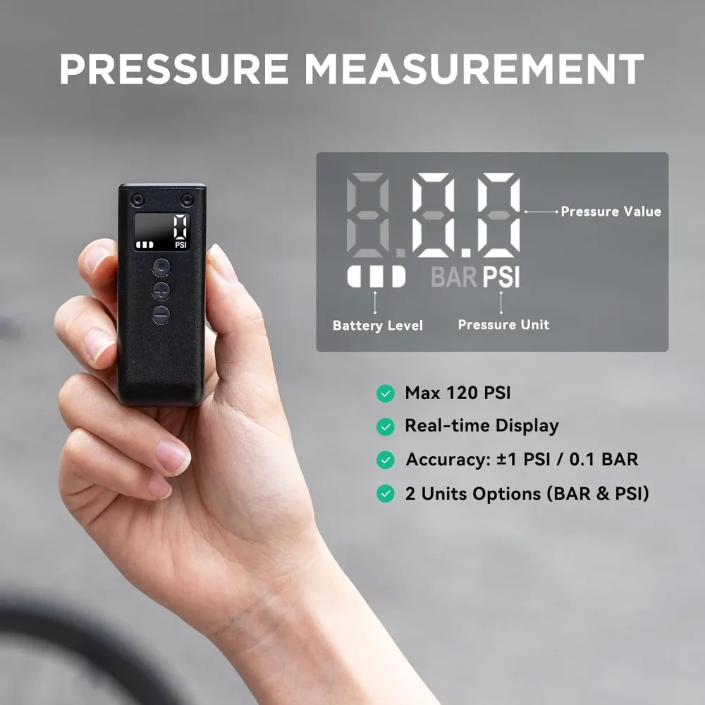 

Tiny Bicycle Pump with Gauge, Max 120 PSI Electric Mini Pump, Auto Stop, with Presta and Schrader Valve for E-Bike