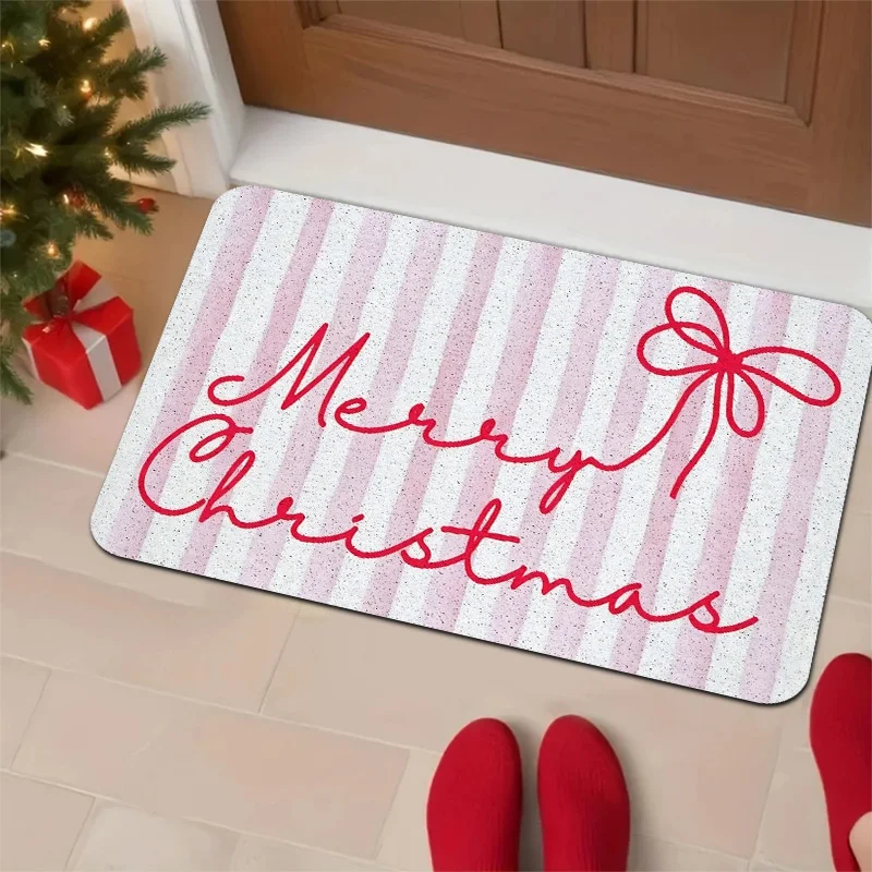 Pink Christmas Gift Box Doormat, Present Bow Snowflake Printed Floor Rug, Front Door Xmas Home Decoration