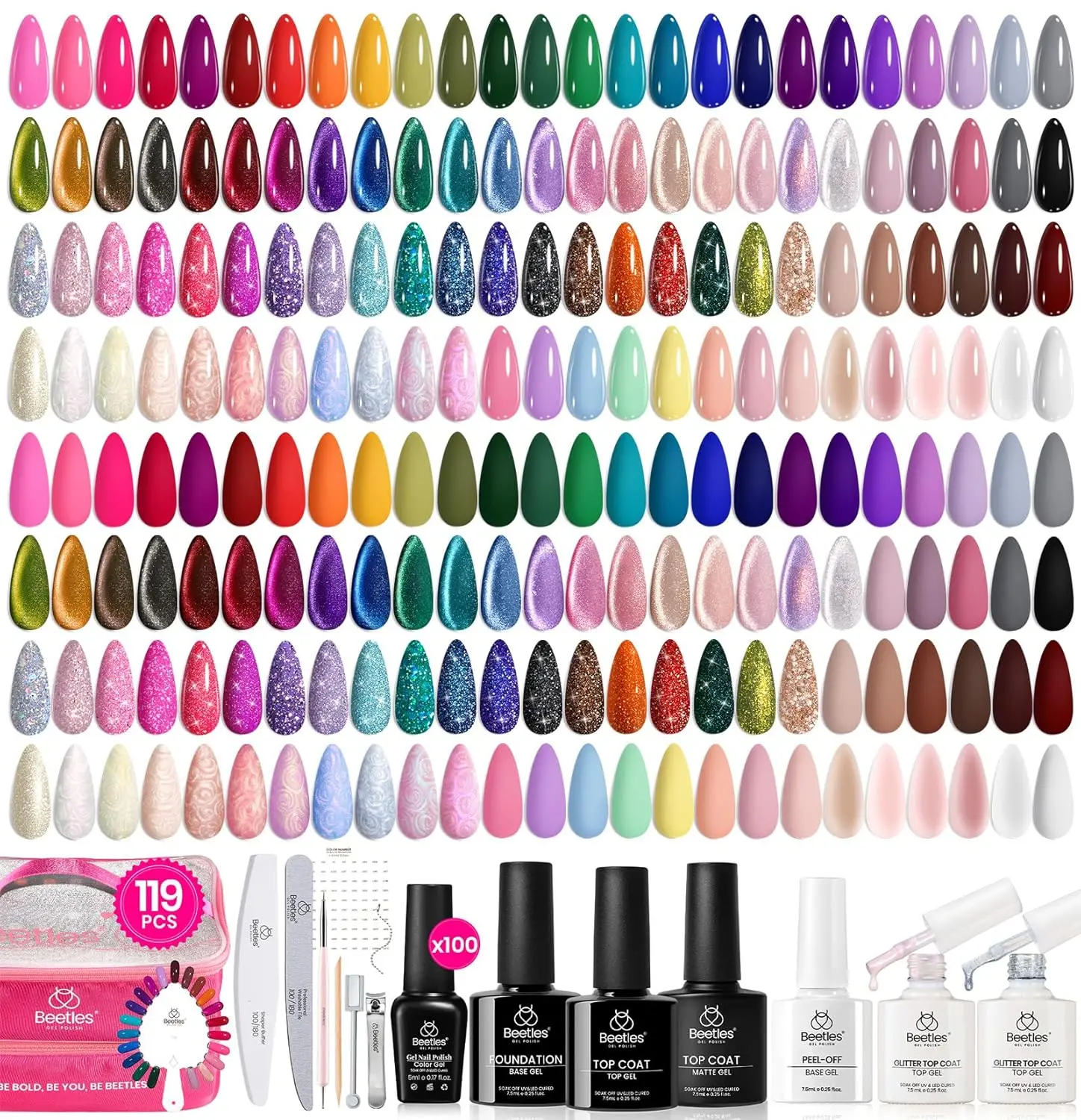 

119 PCS Gel Nail Polish Kit with 100 Colors, Base, Top Coat, Glitter & Matte Finishes for Women - Valentine's Gift