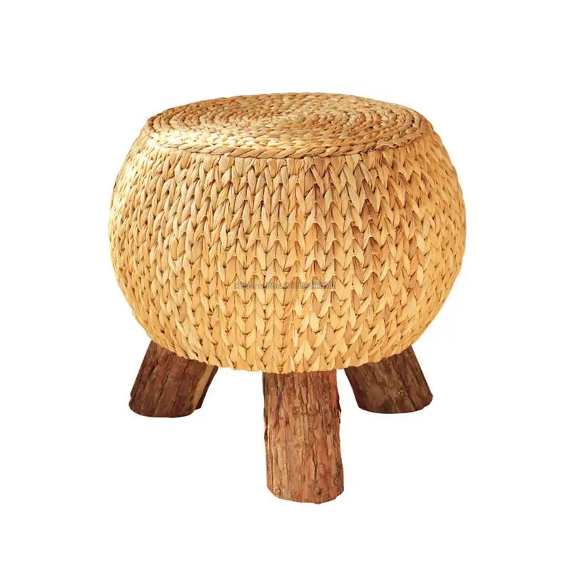 Handmade Rustic Round Footstool Household Multi functional Wooden 3 Leg Portable Wicker Ottoman Footrest Comfortable Gift Rattan