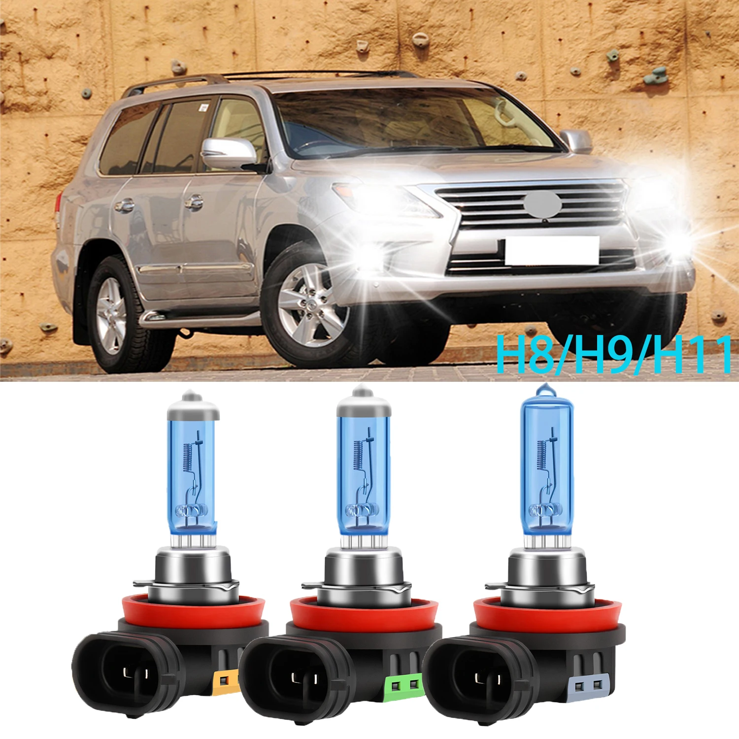 2PCS H8 H9 H11 Halogen Headlight Car Light 6000K 12V Cool Blue Hyper White Bulb Universal for Vehicles