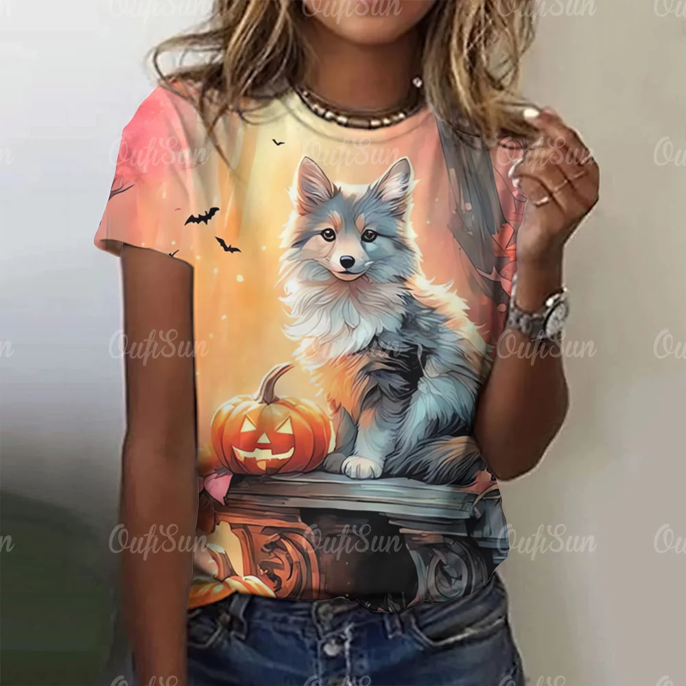 T-shirt Femme Imprimé Loup, Col Rond, Manches Courtes, Coupe Décontractée, Doux, Respirant, Grande Taille