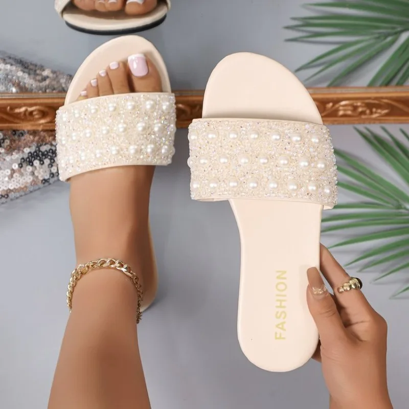 Women's Sandals Flat Slide Open Toe Rhinestone Pearl Decor Slip-On Casual Summer Beach Footwear Elegant Daily Slippers Choice