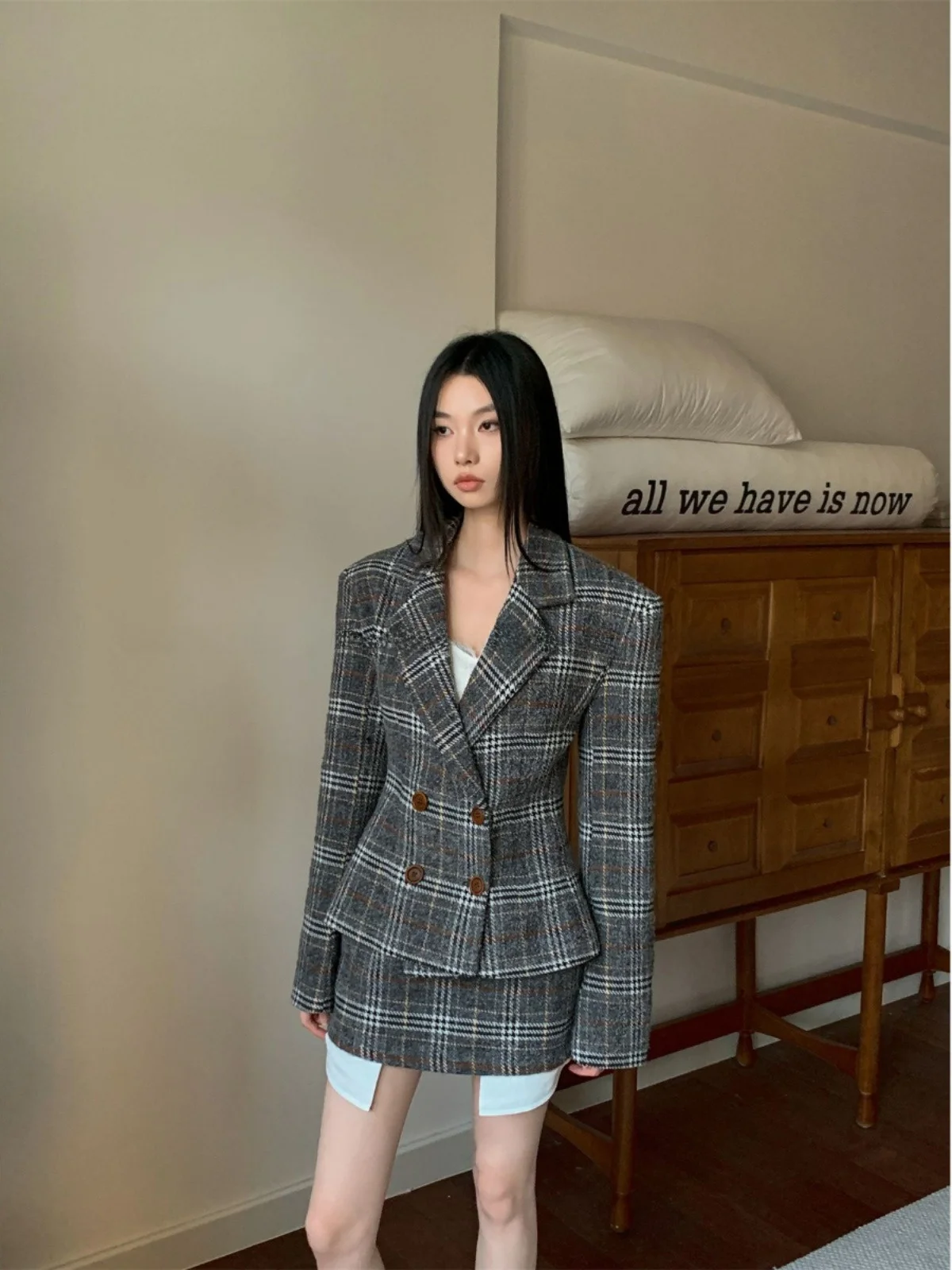 

Mint Peach A-Line Cheered Double-Breasted ort Suit Women's Design Slimming ort Coat Two-Piece Set Autumn Trendy