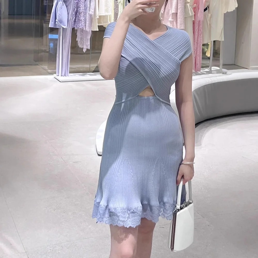 

traf 2025 woman tight skirt knitted stretch corset straps sexy ladies lace dress y2k clothes New fashion party skirt bra