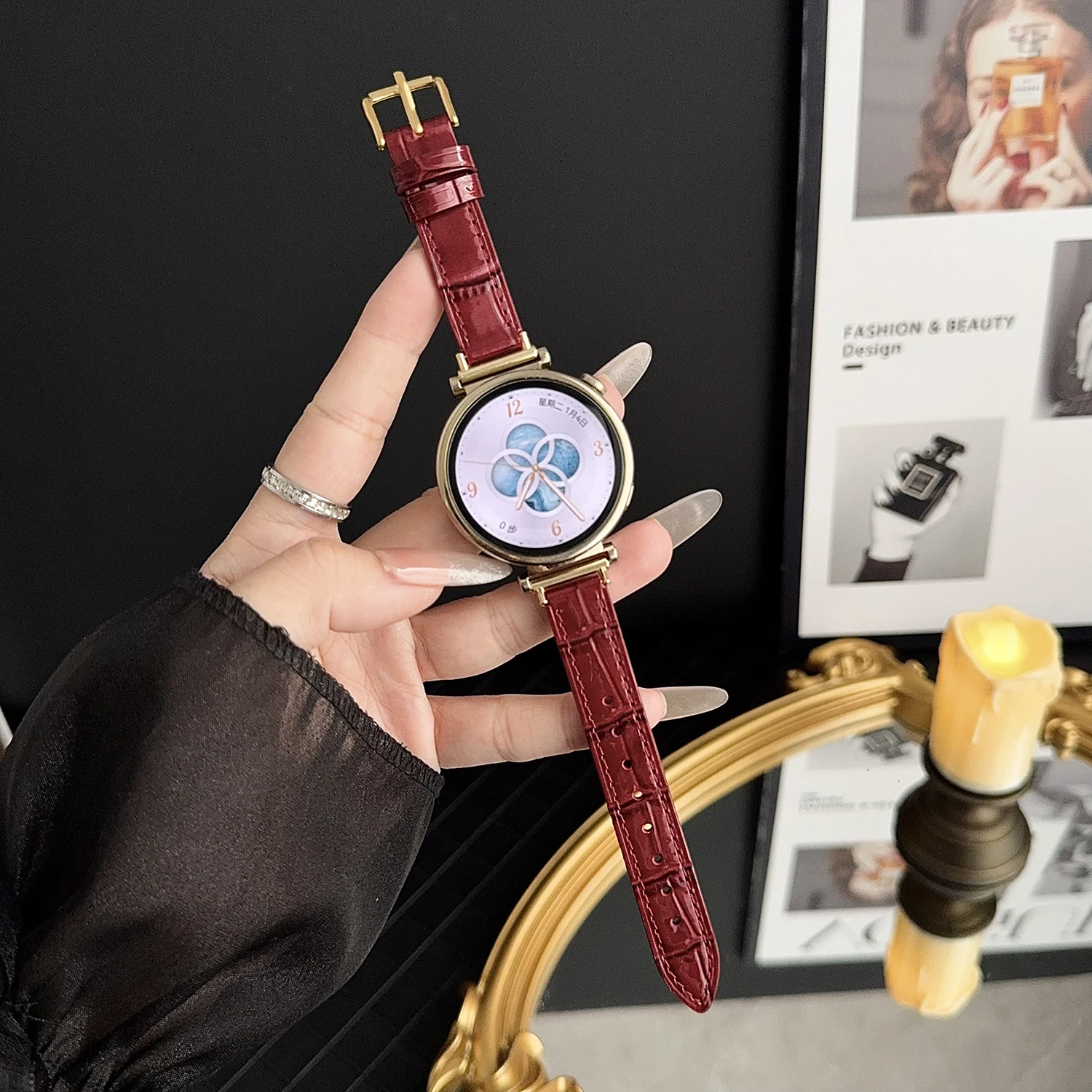 Bamboo textured bright leather strap for Huawei band 8/9/10 GT4/5/6 41mm female strap for Xiaomi band 8/9 pro/10 universal 18 20