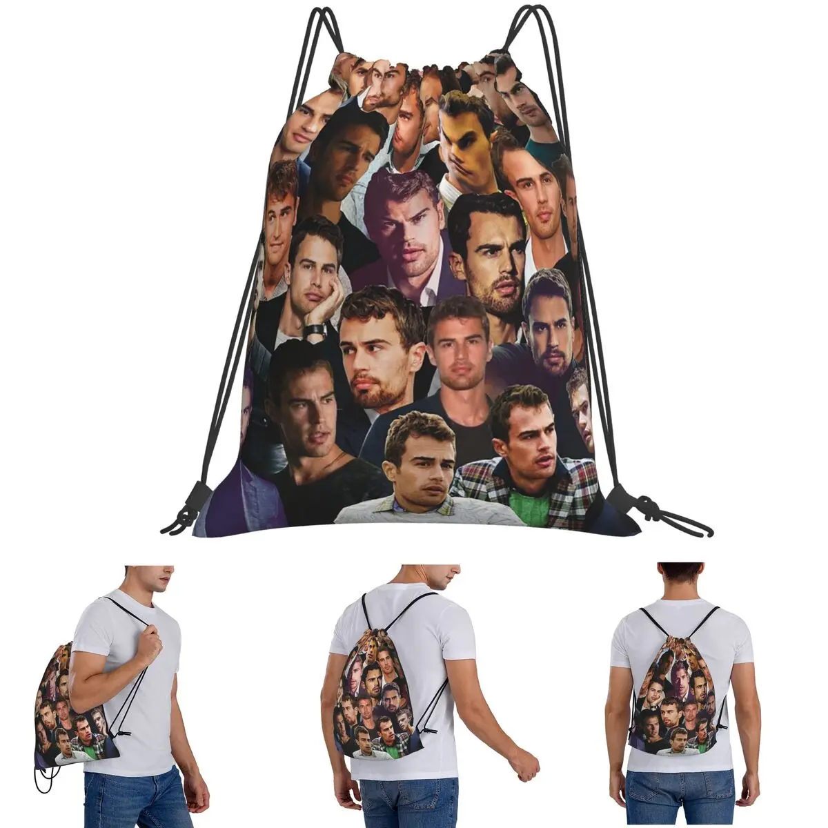 Theo James Photo Collage Backpacks Casual Drawstring Bags Sports Bag Book Bags for Travel School