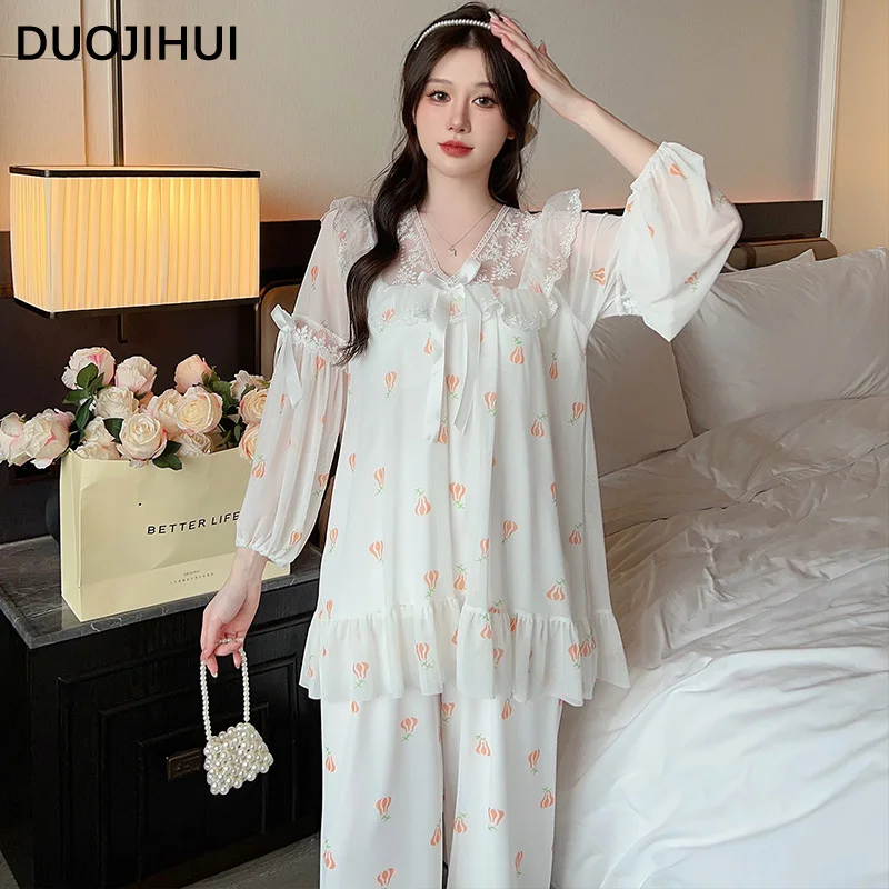 Duojihui süßes Tempo-up schicke Spitze lässig nach Hause Pyjama für Frauen Herbst neue Mode Druck einfache BH lose weibliche Pyjamas Set