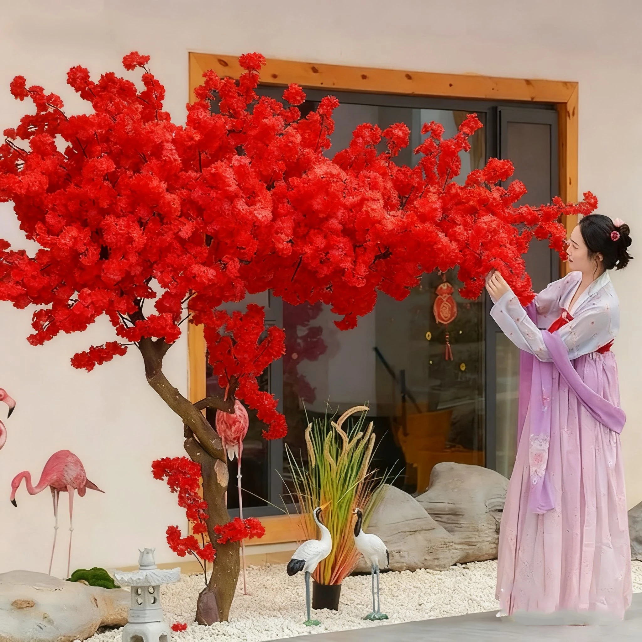 

Red Artificial Cherry Blossom Tree Simulated Flower Arrangement for Indoor Outdoor Decor Wedding Party Restaurant