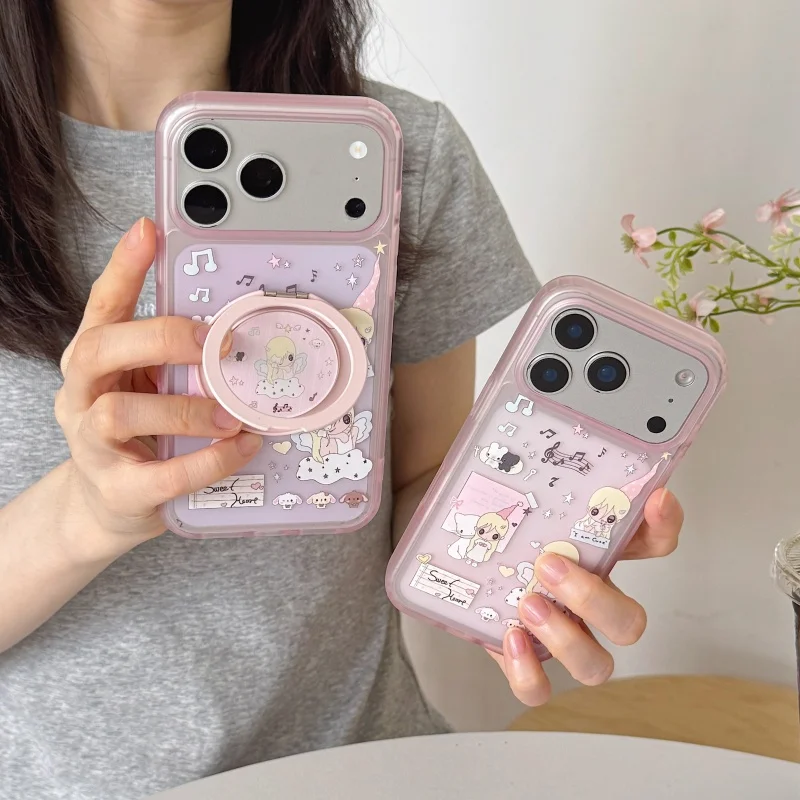 Japanese Cartoon Girl Cat Pink Matte Phone Case For iPhone 17 Pro 16 15 Pro Max Cover with Rotation Stand Fashioon Cute Cases Fu