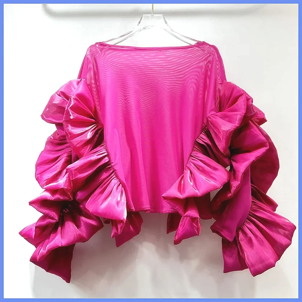 

Vintage Batwing Long Sleeve T-Shirt for Women 2026, Casual Ruffle Hem Loose Blouse Streetwear Top