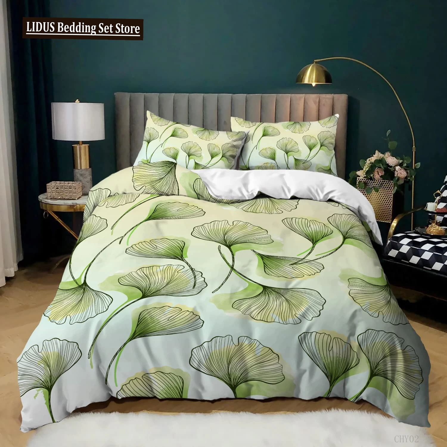 Ginkgo Botanical Duvet Cover Green Orange Plant Duvet Cover Leaf Patterned Duvet Cover Luxury Botanical Bedding Room Decoration