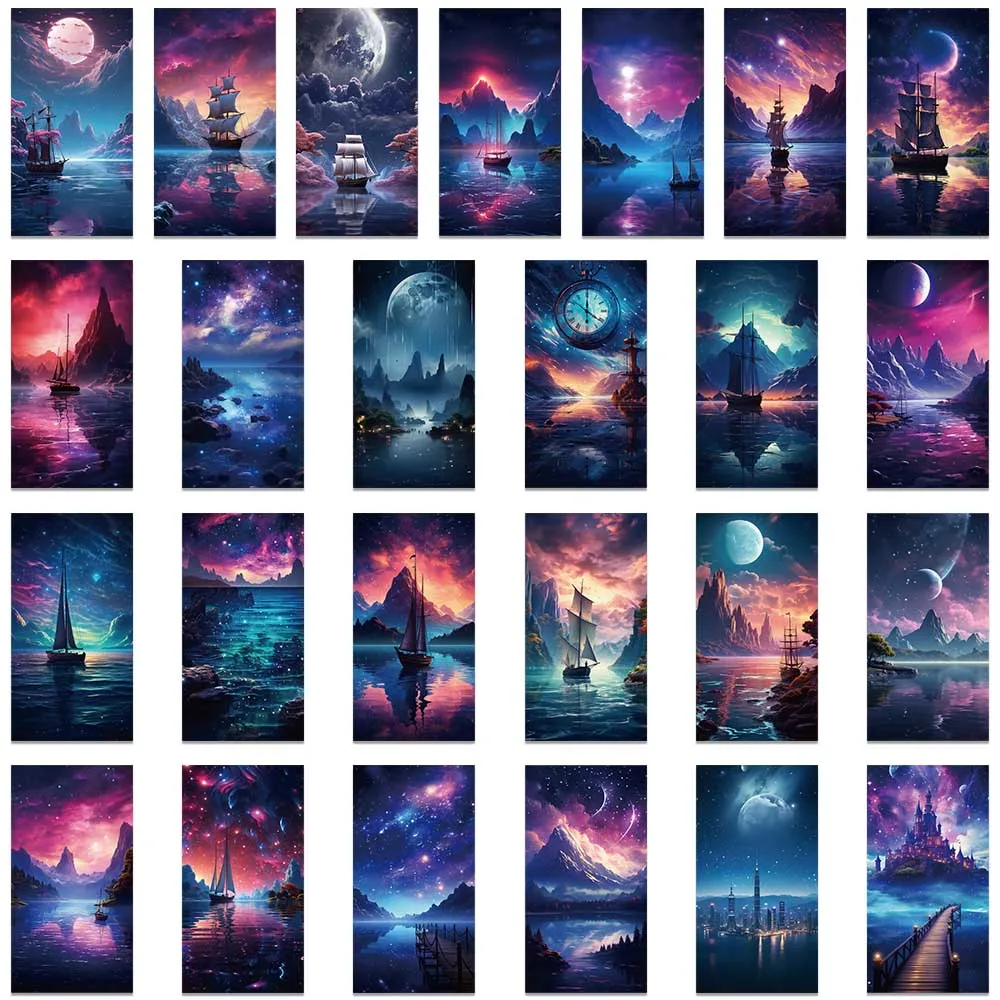 50pcs Cartoon Blue Purple Sky Aesthetic Stickers Graffiti For Luggage Laptop Water Bottle Skateboard Waterproof Vinyl Decals