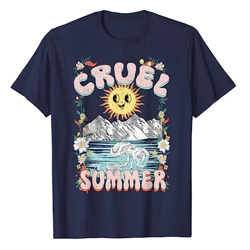 Cruel Vibes Summer, Vintage Sunshine Ocean Wave, Beach Lover T-Shirt Fashion Vacation Tee Short Sleeve Top Holiday Clothes Gifts