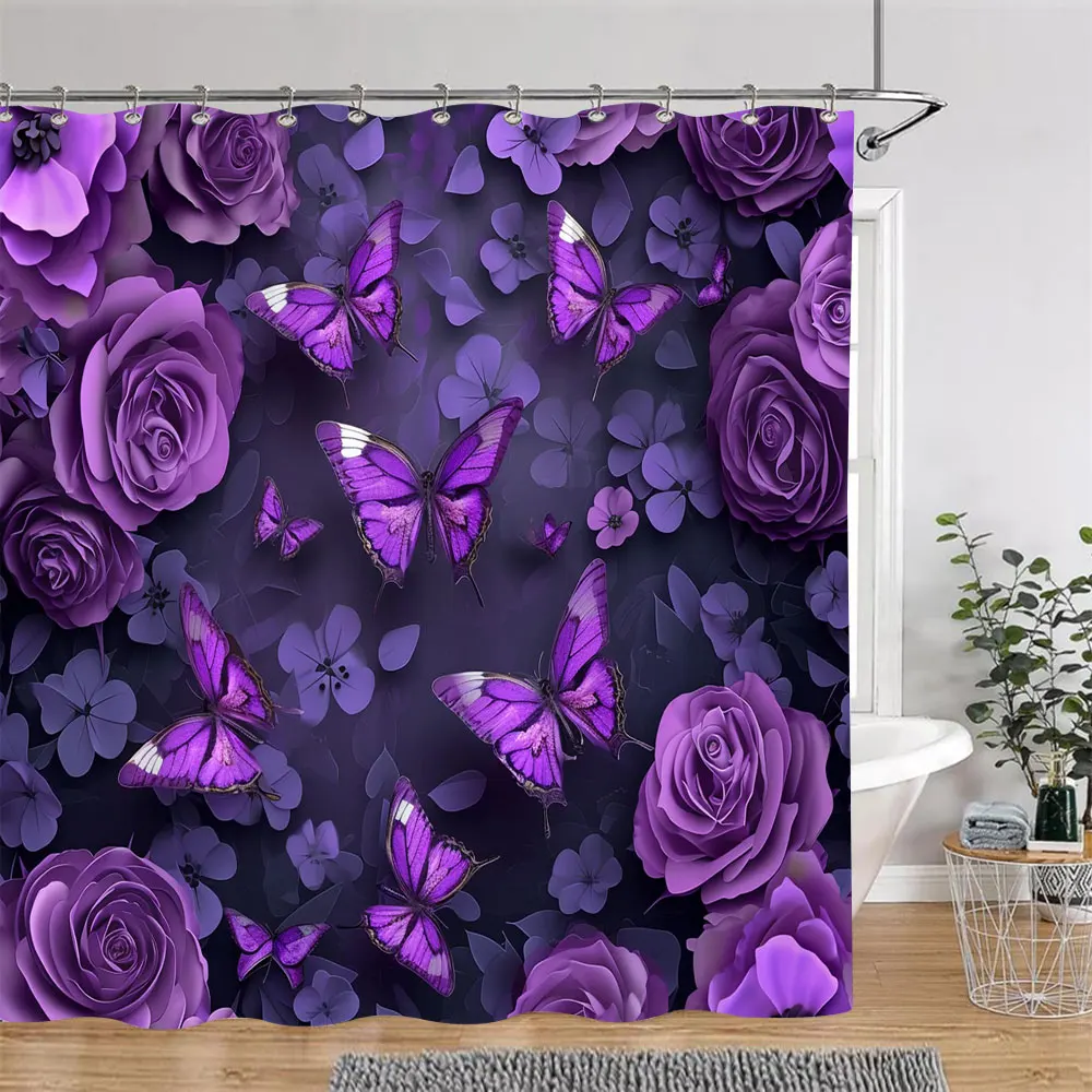 Pretty Roses Shower Curtain Mysterious Purple Flower Butterfly Valentine's Gift Polyester Bath Curtain Bathroom Decor with Hooks