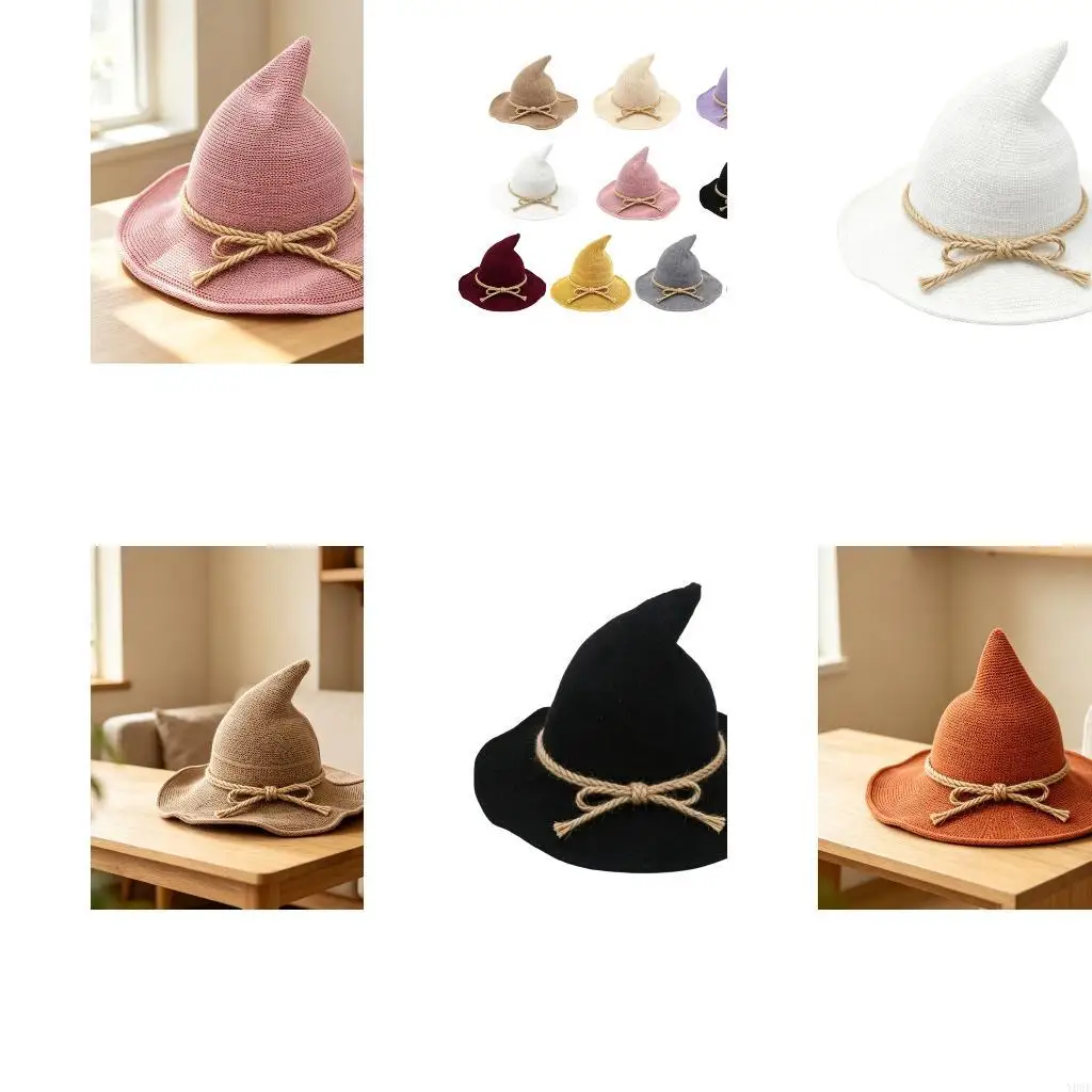 Wizard Hat with Polyester Fabric Construction, Tall Pointed Top and Rope Detail for Halloween Party Costume Styling Y08E