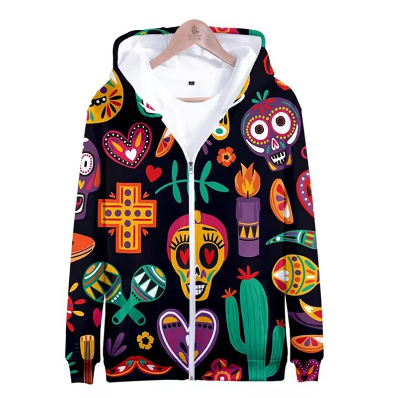 Day of the Dead Sugar Skulls 3D Print Zipper Hoodies Men's Streetwear Hooded Sweatshirts Oversized Tracksuit Man Coat Clothing