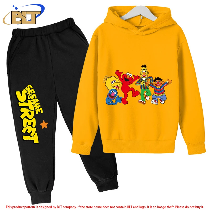 Sesame Street Children's Fleece Hoodie Set Yellow Sports Sweatshirt Pants Two-Piece Set for Boys and Girls