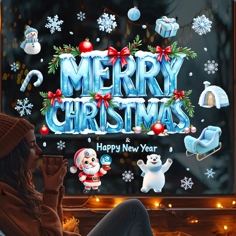 Christmas Blue Cartoon Ice and Snow Merry Christmas Window Stickers for Window Door Decoration Party Diy