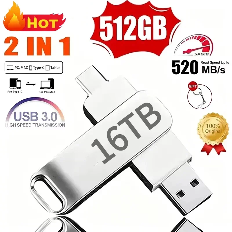 16TB USB 3.3 Flash Drive Metal High-Speed Pen Drive 8TB 4TB Waterproof Type-C USB Pen Drive For Computer Storage Devices