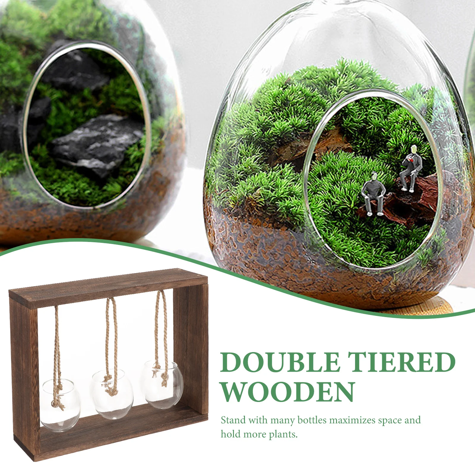 

1 set Wall Hanging Hydroponic Glass Vases With Wooden Stand Double Tiered Plant Bottles For Home Decor Wall Decoration Flower