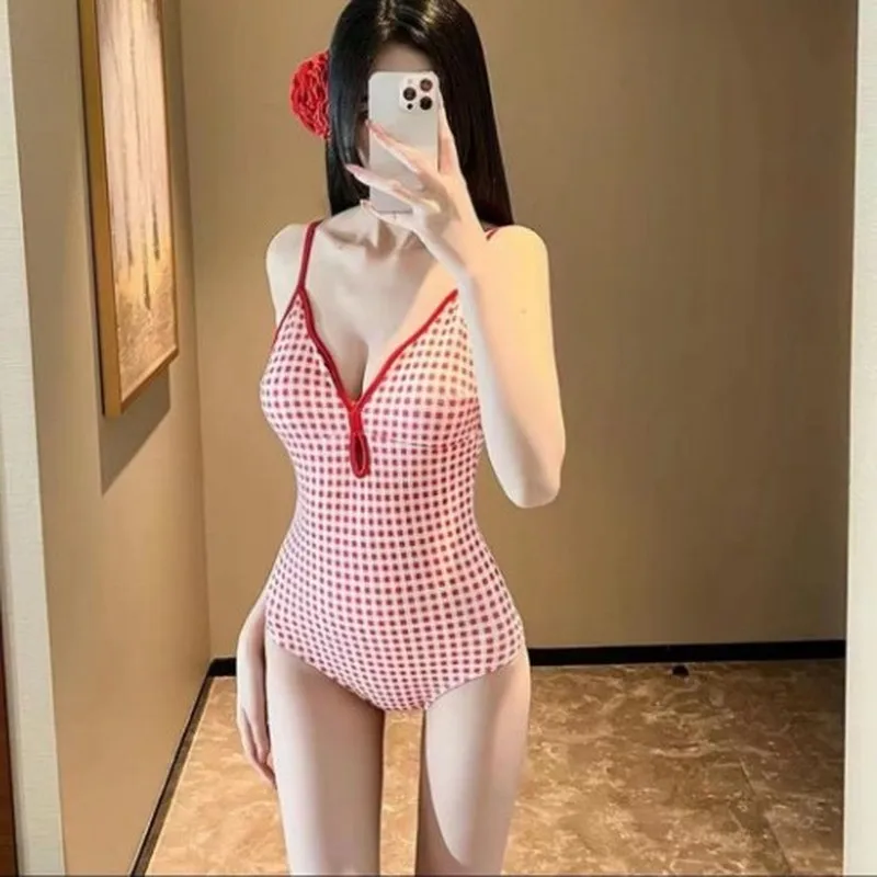 Pure Desire Small Fragrance Cute Girl Sweet Plaid Sexy Backless Simple one-piece Swimsuit For Women