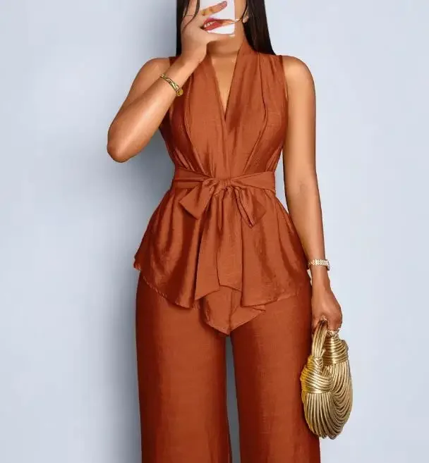 

Ladies' Two-Piece Sets Fashion Elegant Temperament Solid Sleeveless Top & Wide Leg Pants Set Women's Commuting Pants Outfits